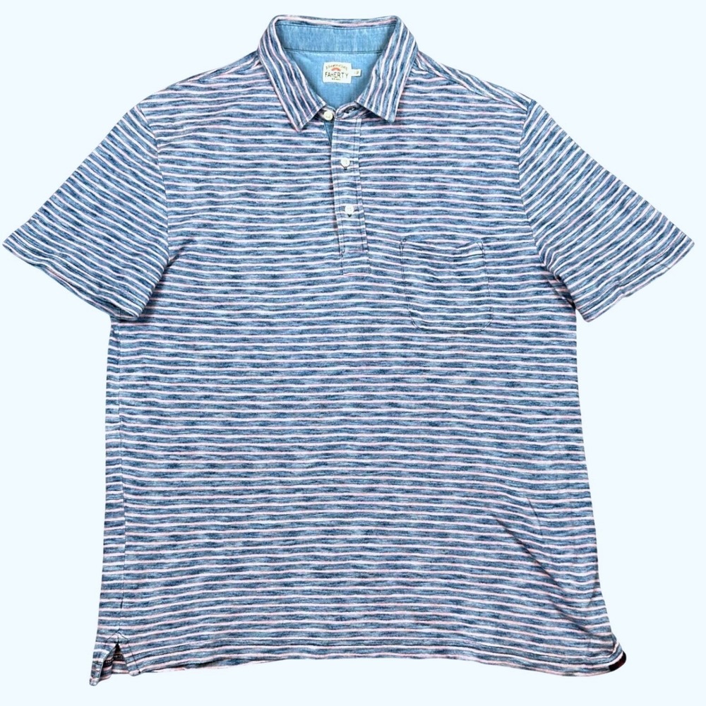 Faherty Striped Knit Polo Shirt Pocket Casual Beach Mens Large  Blue Pink